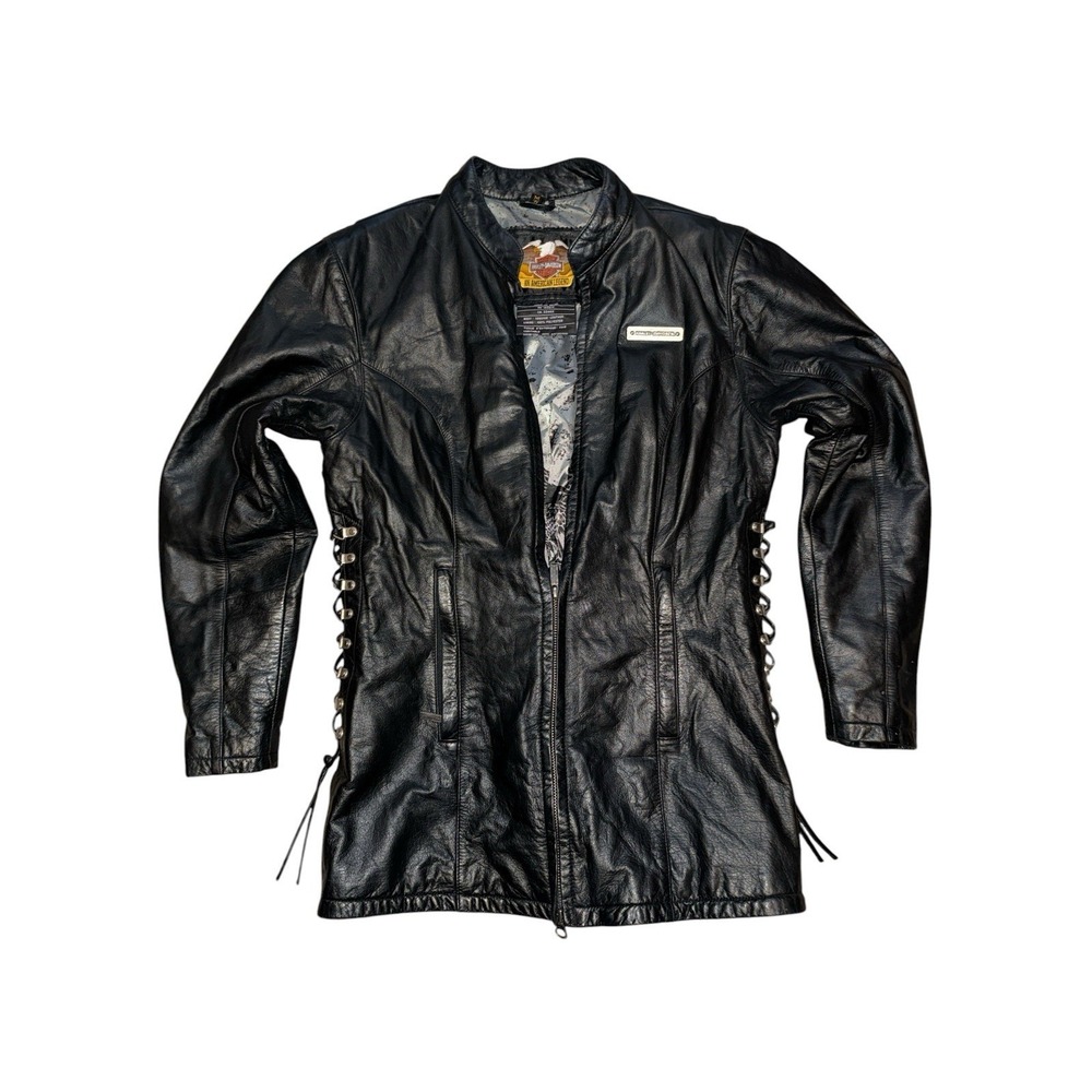 Harley Davidson Leather Moto Jacket Women's M Black Lace-up Sides Biker Tour VTG